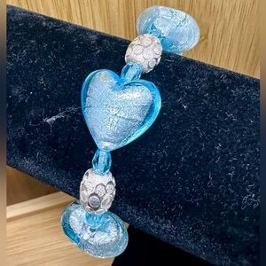 Artisan 925 Sterling Silver & Blue Foil Art Glass Hearts Link Bracelet; 8”